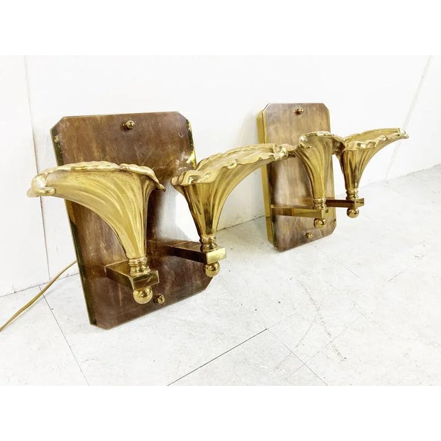 Brown Bronze Flower Wall Lamps, 1970s, Set of 2 For Sale - Image 8 of 9