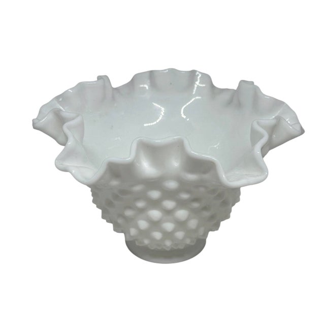 Ruffled Rim Hobnail White Milk Glass Bowl Vase — Vintage 6.5" Wide For Sale - Image 4 of 12