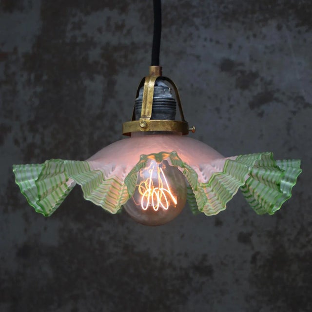 French Art Nouveau glass lamp Brass bulb holder with green lines on satin glass shade. 2 meter black cotton flex E27 / E26...