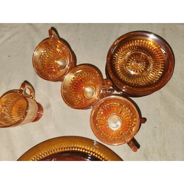 Jeannette Glass 1940s Jeannette Nos 35 Piece Anniversary Marigold Dinner Set For Sale - Image 4 of 5