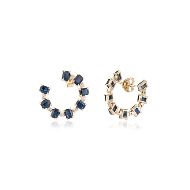 Metal 4.07ct Sapphire Diamond Geometric Open Hoop Earrings in 14k Yellow Gold- A Pair For Sale - Image 7 of 14