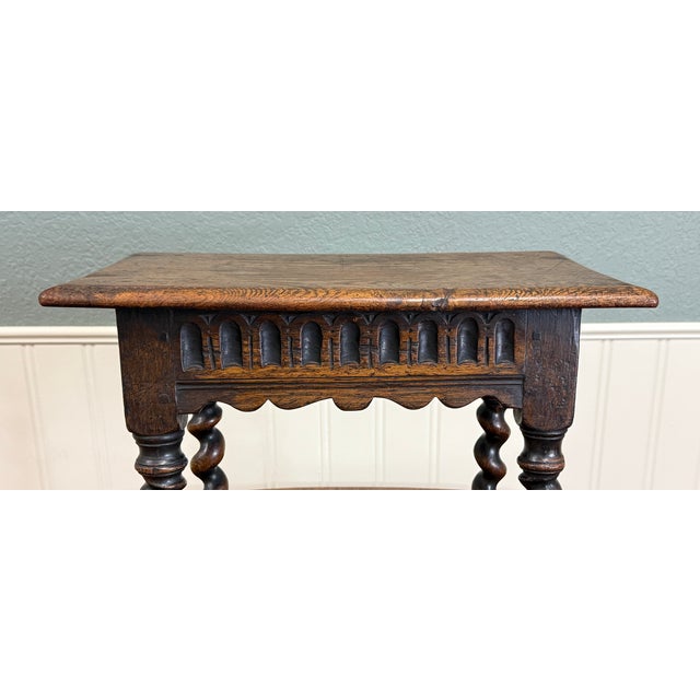 1900 - 1909 Antique English Footstool Bench Stool Joint Stool Barley Twist Carved Oak c.1900 For Sale - Image 5 of 16
