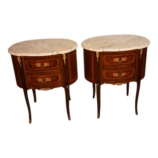 1900 Antique French Louis XV Walnut Inlaid Marble Top Nightstands Bedside Tables For Sale