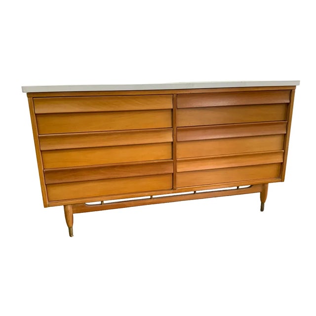 Mid-Century Modern Walnut Double-Sink Bathroom Vanity With White Top For Sale - Image 4 of 6
