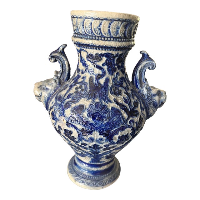 Late 19th Century Blue and White German Pottery Vase For Sale
