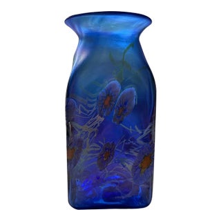 Vintage Herb A. Thomas "Hat" Hand-Blown Cobalt Iridescent Studio Art Glass Vase For Sale