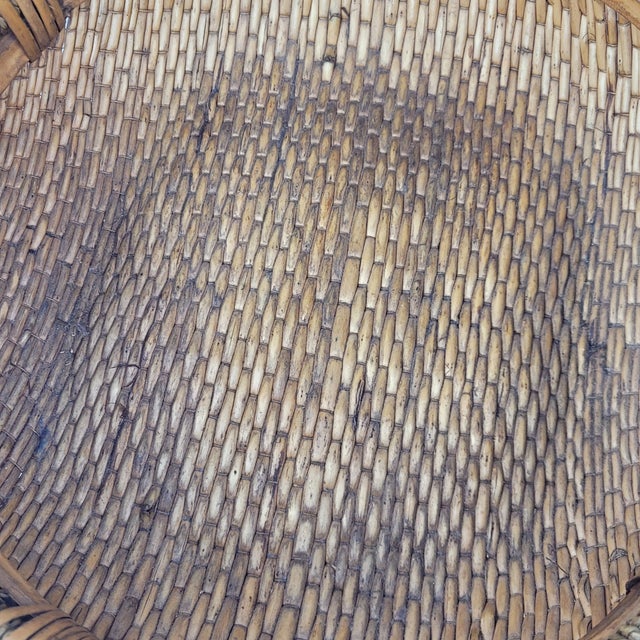 Wood Vintage Round Woven Wicker Rice Basket With Wood Handles Rustic Boho For Sale - Image 7 of 11