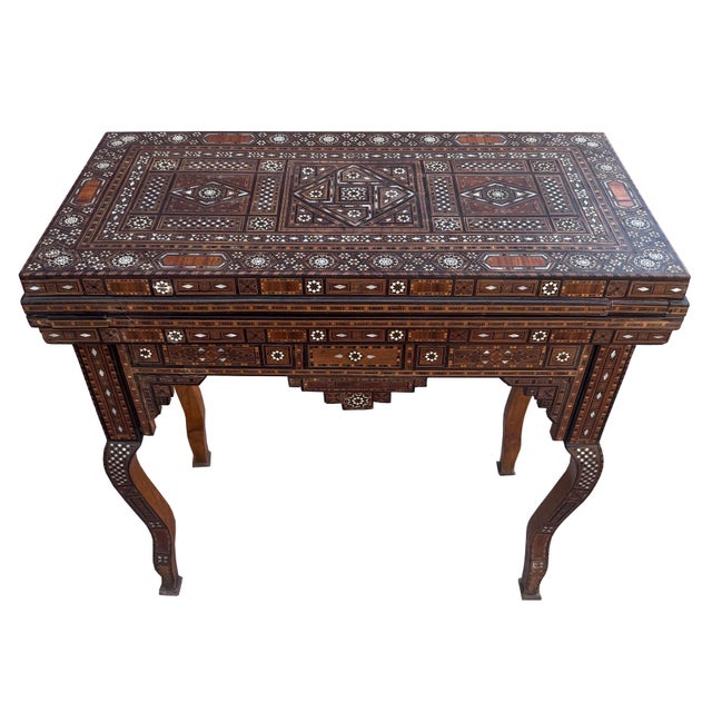 Art Deco Early 20th Century Marquetry Inlay With Mother of Pearl Folding Game Table For Sale - Image 3 of 18