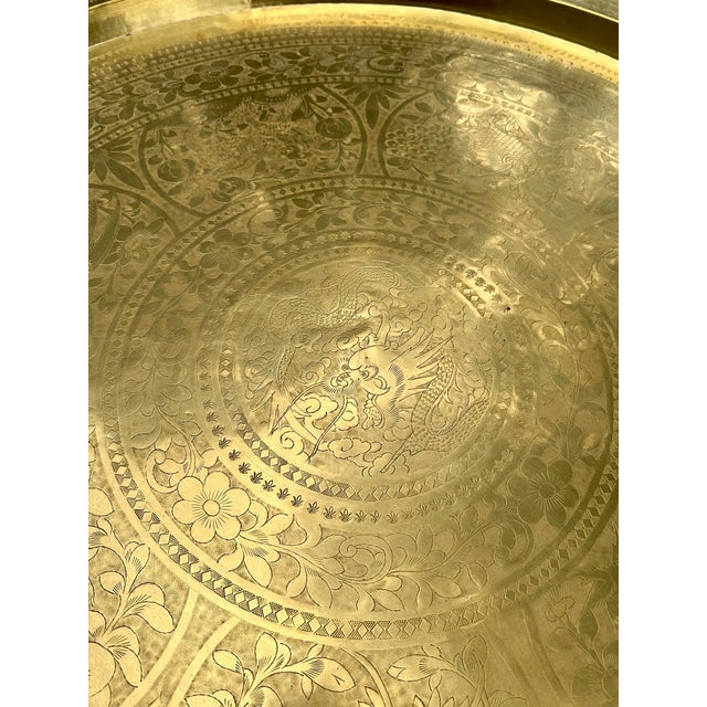 Mid-Century Chinoiserie 45 Inch Hand-Etched Brass Tray Coffee Table on Teak Spider Base. For Sale - Image 11 of 11