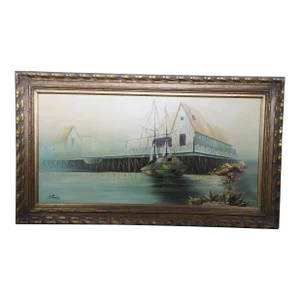 1970s Vintage Harbor Seascape Oil Painting Sailboat Dock Pier by Stevens 56"