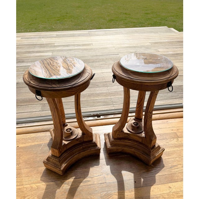 Pair of 18th-Century Lion’s Head Pedestal Tables in Reclaimed Elm with Brass Ring Detail and custom glass tops by...
