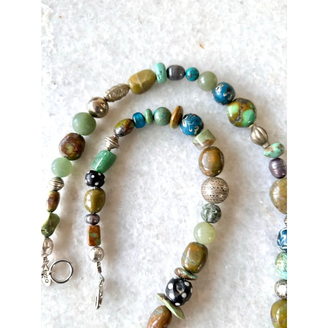 Boho Chic Rare Beaded Necklace of Tibetan Turquoise Silver African Trade Beads, Jade For Sale - Image 3 of 5