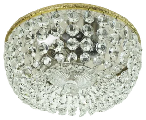 Hollywood Regency Crystal Glass Ceiling Light Plafoniere with Glass Crystals, Brass & Metal, 1960s