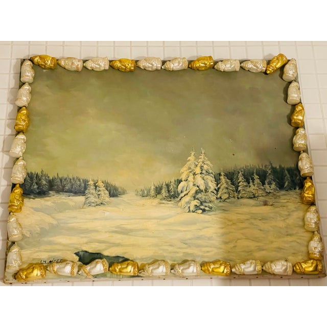 Antque original painting on canvas winter landscape, signed and dated. With ornamental figural frame if vintage blown...