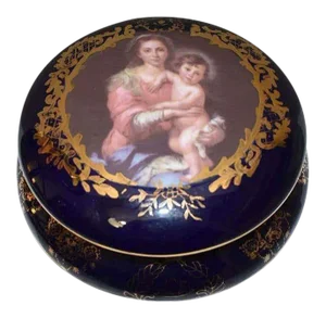 Round Cobalt Blue Madonna and Child Hinged Trinket Box Limoges China