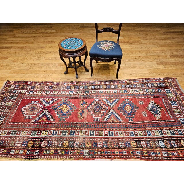 19th Century 19th Century Caucasian Kazak Rug, Hand-Knotted Wool, Geometric Medallions, 4' x 9' For Sale - Image 5 of 17