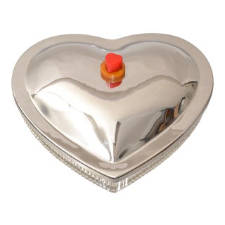 Heart Shape Lidded Dish in Crystal Glass & Steel With Bakelite & Alabaster Knob For Sale