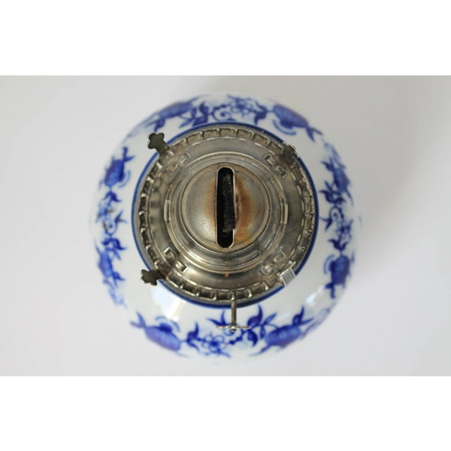 Blue Vintage German Blue and White Porcelain Kerosene Oil Lamp For Sale - Image 8 of 11