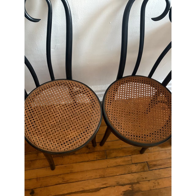 Mid-Century Modern Pair of Mid 20th Century Black Bentwood Cafe Chairs With Cane Seats For Sale - Image 3 of 7