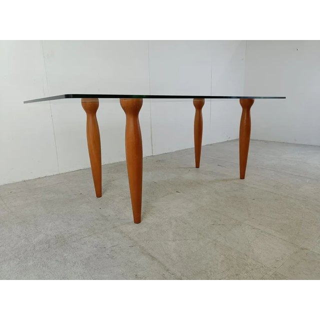 Vintage Italian Glass and Wooden Dining Table, 1990s, in Very Good conditions. Designed 1990 to 1999
