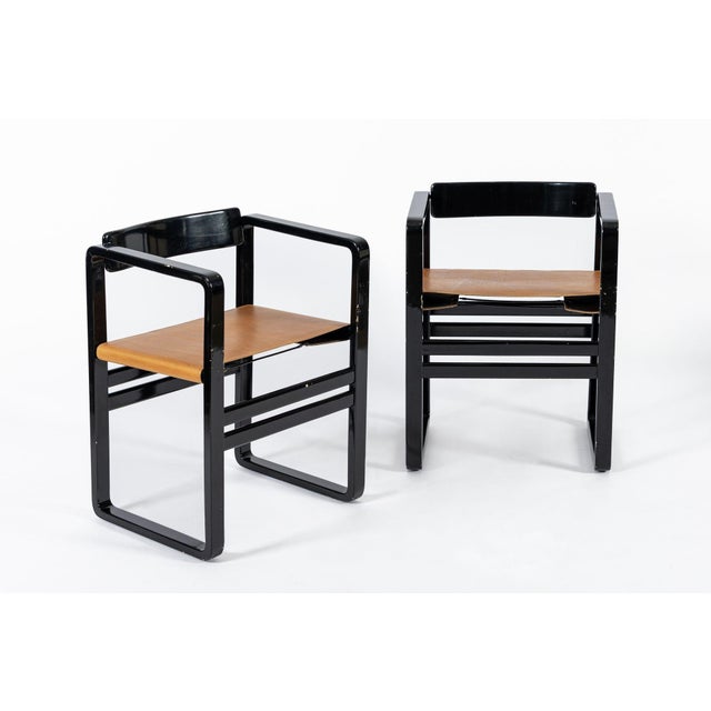 Mid Century Modern Black Lacquer and Brown Leather Arm Chairs 1970s For Sale - Image 15 of 15