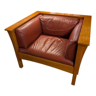 1970s Mission Style Wood and Leather Armchair For Sale