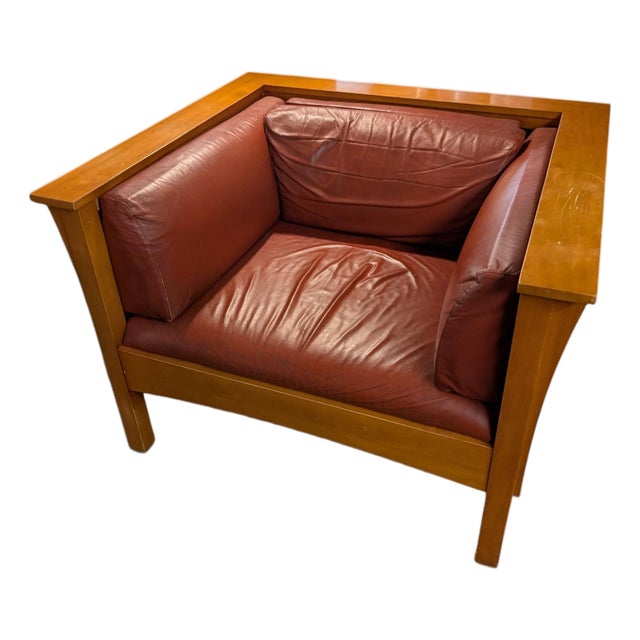 1970s Mission Style Wood and Leather Armchair For Sale
