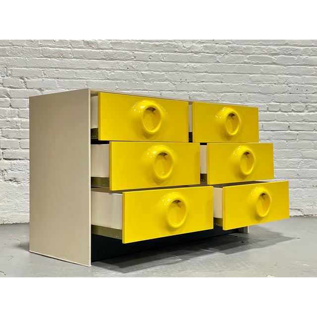 1970s Mid Century Modern Yellow Lacquer Plastic + Wood Dresser in the Style of Raymond Loewy | Vintage Pop Art Space Age Design, C. 1970's For Sale - Image 5 of 10