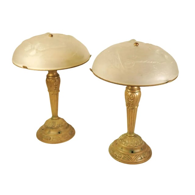 French Art Deco Frosted Glass and Brass Table Lamps, 1970s, Set of 2 For Sale - Image 4 of 14