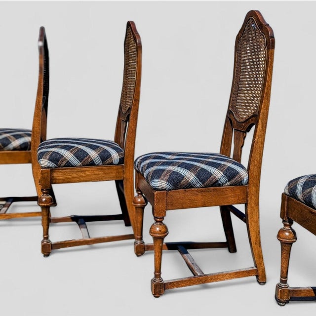 1980s Jacobean Revival Solid Oak Cane-Back Dining Chairs — Set of 6 For Sale - Image 4 of 8