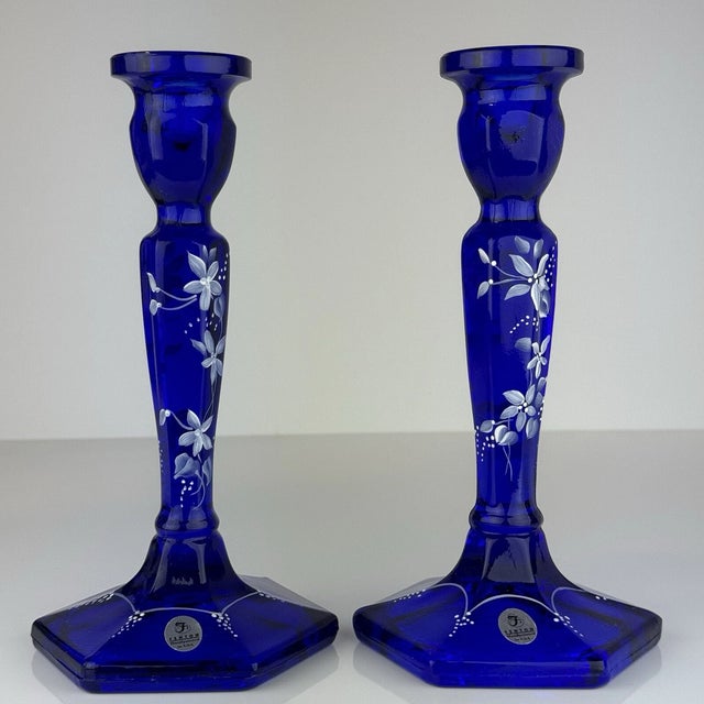 Vintage Fenton Glass Cobalt Blue White Hand Painted Flowers Candle Sticks Signed-Set of 2 For Sale In Orlando - Image 6 of 6