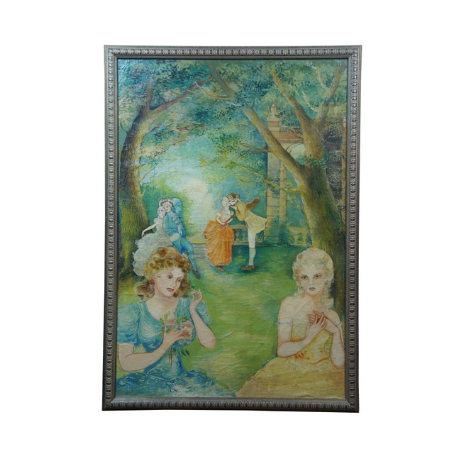 French Mid 20th Century Vintage French Colonial Court Garden Party Scene Oil Paintings on Board, Framed - Set of 3 For Sale - Image 3 of 12