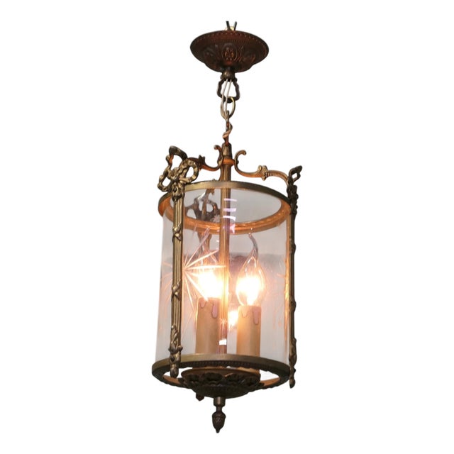 Art Deco Brass and Star Etched Glass Pendant Lantern, 1920 For Sale