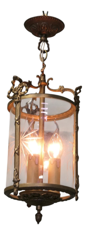 Art Deco Brass and Star Etched Glass Pendant Lantern, 1920