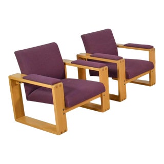 Modern Open Frame Club Chairs With Floating Seat in Oak and Aubergine Fabric, a Pair For Sale