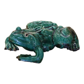 Vintage French Green Glazed Terracotta Garden Frog Sculpture For Sale