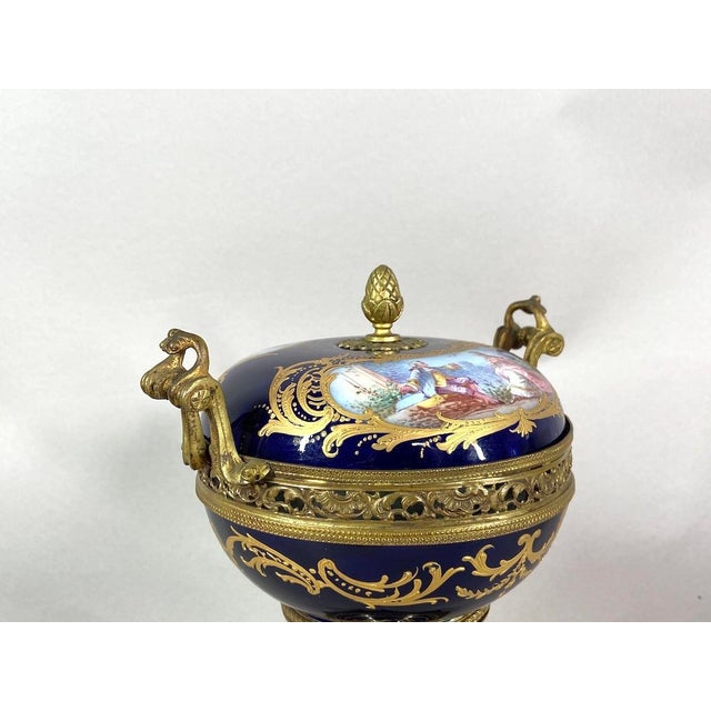 19thC Sevres Louis XVI Style Blue Porcelain Bronze Bowl Urn For Sale - Image 9 of 18