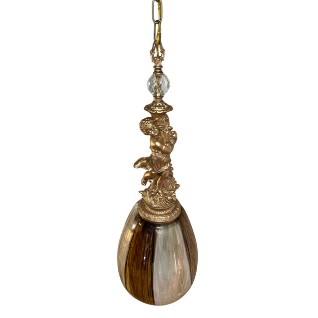 Gold Murano Art Glass Aventurine Ovoid Shade With a Cherub Sculpture Pendant Light For Sale - Image 8 of 18