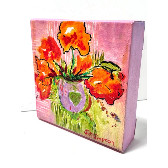 Late 20th Century Vintage Mini Floral Still Life Painting on Canvas – Bright Poppy Flowers, Pink Cottagecore Wall Art, Signed For Sale - Image 5 of 8