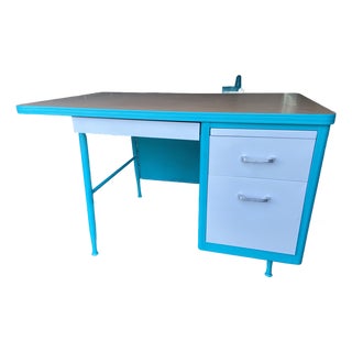 Vintage Mid Century Modern Teachers Metal Tanker Desk For Sale