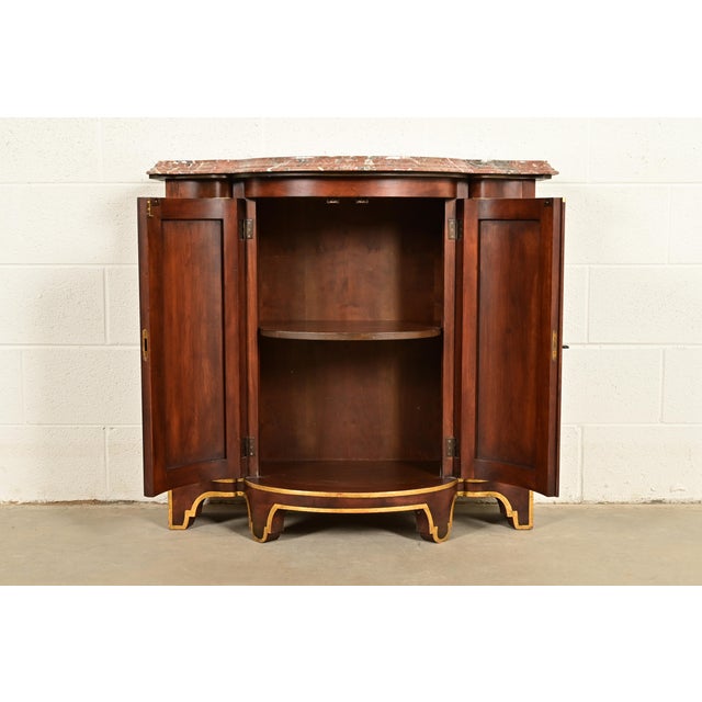 1980s Baker Furniture Italian Provincial Carved Cherry Wood, Parcel Gilt, and Marble Top Demilune Sideboard or Bar Cabinet For Sale - Image 5 of 16