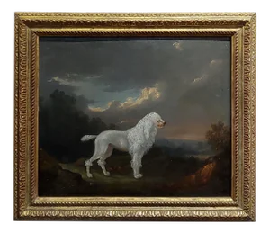 18th Century Portrait of White Poodle in a Landscape Oil Painting