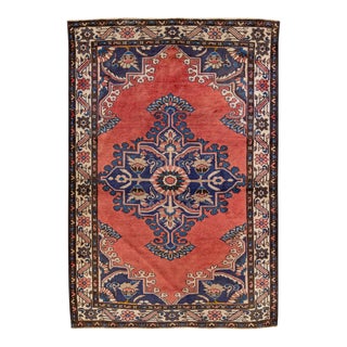 Vintage Handmade Persian Red Medallion Wool Rug 3'6" X 5'1" For Sale