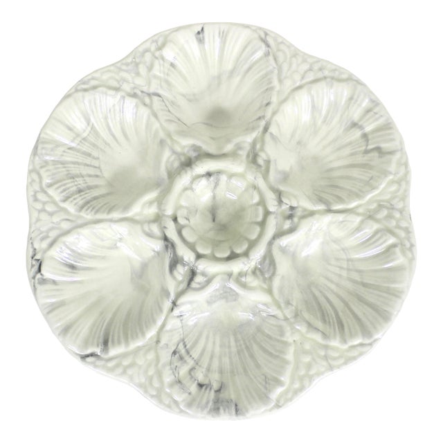 Vintage Oyster Plate Handmade Ceramic Marbled White and Black Glaze Holds Six Plus Sauce For Sale