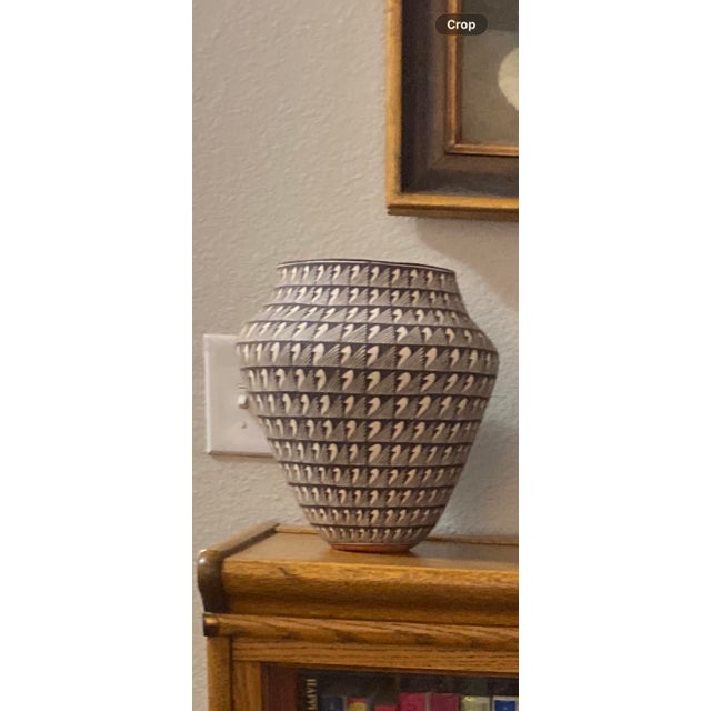 Acoma Native American 11” Pottery Vase Black and White Geometric Design Signed For Sale - Image 9 of 11