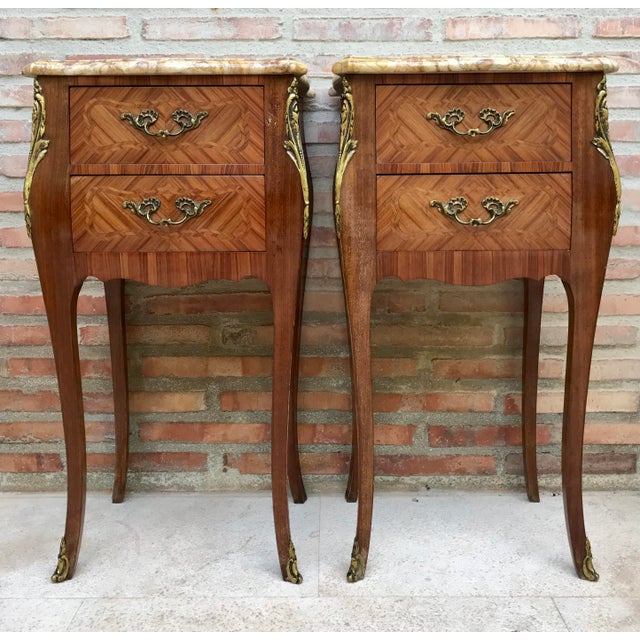 Brown Antique Louis XV French Marquetry Marble Top Nightstands, Set of 2 For Sale - Image 8 of 17