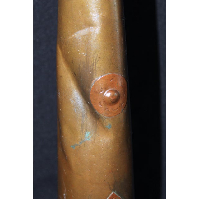 Antique Copper Horn Vessel 33” Tall | Handcrafted Riveted Primitive Folk Decorative Object For Sale - Image 9 of 9