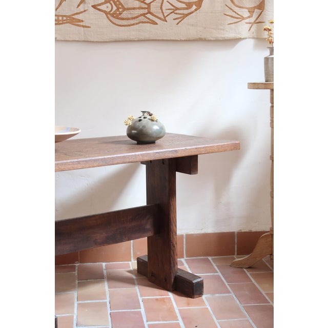 Oak Side Table with Pegged Trestle Base, France, 1950s For Sale - Image 11 of 12