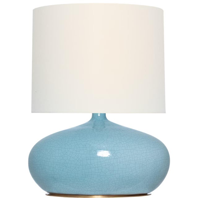 Transitional Thomas O'Brien by Visual Comfort Signature Olinda 24" Low Table Lamp in Crackled Robin with Linen Shade For Sale - Image 3 of 3