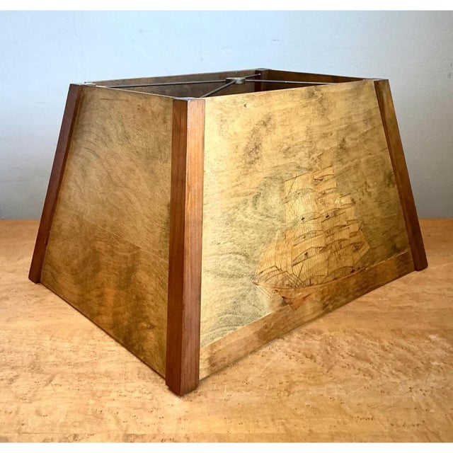 Mid-Century Modern Vintage Wood Lampshade With Ship Carving For Sale - Image 3 of 12